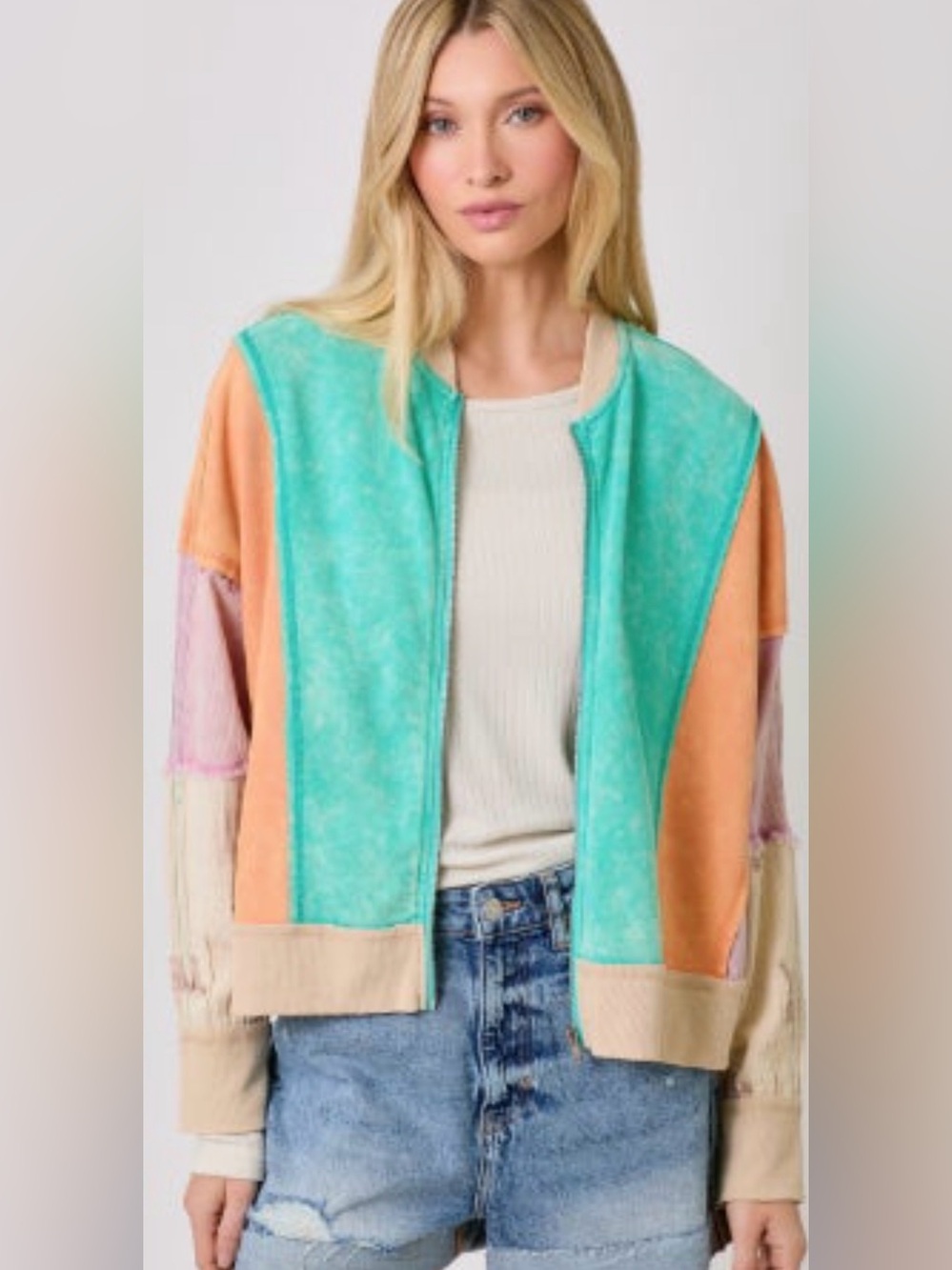 Mystree Multicolor Bomber Zip Jacket - Turquoise & Orange